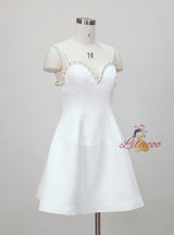 White Spaghetti Straps Pearls Prom Dress