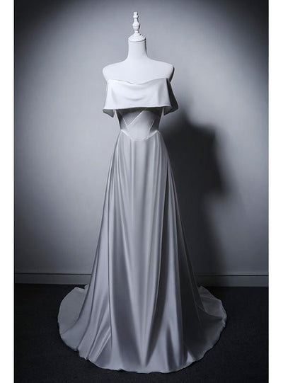 A-Line White Satin Off the Shoulder Wedding Dress