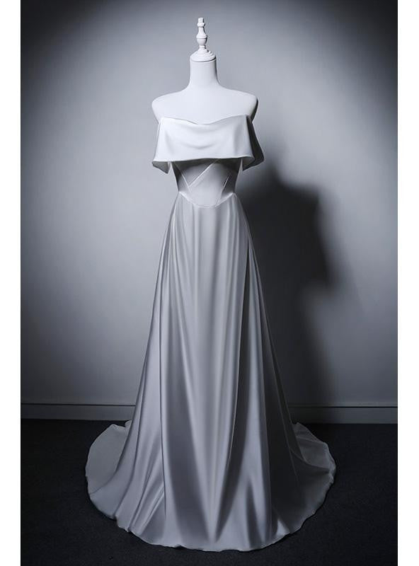 A-Line White Satin Off the Shoulder Wedding Dress