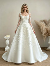 White Long Sleeve Flower Wedding Dress