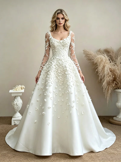White Long Sleeve Flower Wedding Dress
