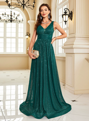 Green Sequins V-neck Prom Dress