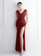 Mermaid Sequins V-neck Cap Sleeve Beading Prom Dress