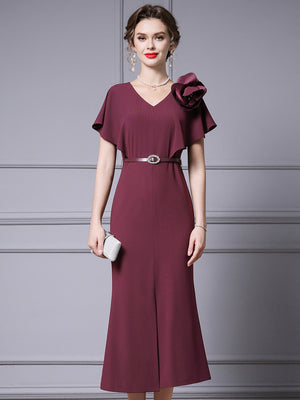 Burgundy V-neck 3D Flower Mother Of The Bride Dress