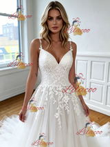 White Tulle Lace Appliques Strapes Wedding Dress