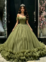 Green Tulle Off the Shoulder Appliques Quinceanera Dress