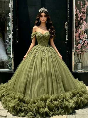 Green Tulle Off the Shoulder Appliques Quinceanera Dress