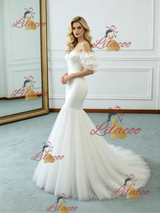 White Mermaid Tulle Off the Shoulder Wedding Dress