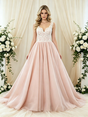 Pink Tulle V-neck Appliques Wedding Dress