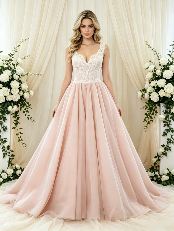 Pink Tulle V-neck Appliques Wedding Dress