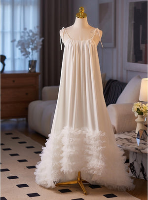 White Loose Tulle Straps Wedding Dress