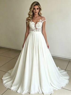 White Chiffon Lace Wedding Dress