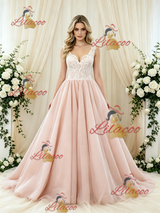 Pink Tulle V-neck Appliques Wedding Dress