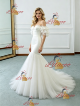 White Mermaid Tulle Off the Shoulder Wedding Dress