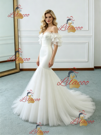 White Mermaid Tulle Off the Shoulder Wedding Dress