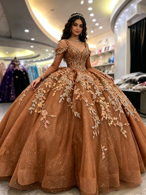 Brown Tulle Long Sleeve Appliques Quinceanera Dress