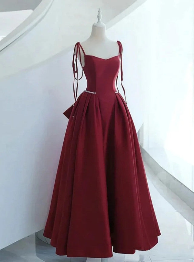 Burgundy Satin Spaghetti Straps Bow Prom Dress