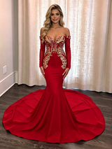 Red Off the Shoulder Long Sleeve Prom Dress