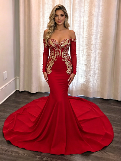 Red Off the Shoulder Long Sleeve Prom Dress