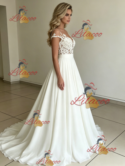 White Chiffon Lace Wedding Dress
