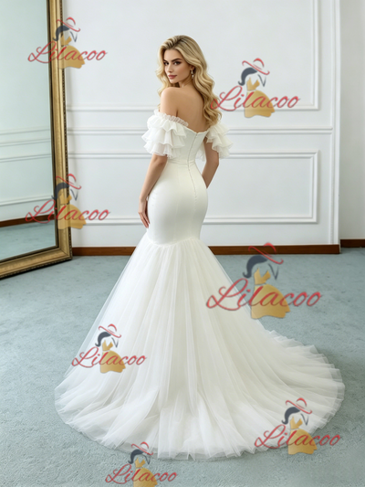 White Mermaid Tulle Off the Shoulder Wedding Dress