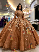 Brown Tulle Long Sleeve Appliques Quinceanera Dress