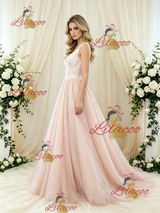 Pink Tulle V-neck Appliques Wedding Dress