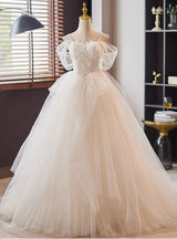 White Lace Tulle Spaghetti Straps Pleats Wedding Dress