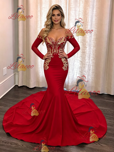 Red Off the Shoulder Long Sleeve Prom Dress
