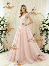 Pink Tulle V-neck Appliques Wedding Dress