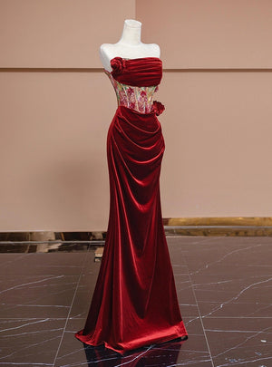 Burgundy Mermaid Velvet Pleats Prom Dress