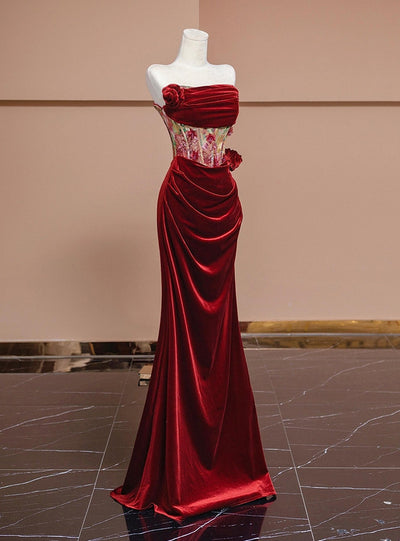 Burgundy Mermaid Velvet Pleats Prom Dress