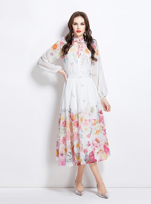 Long-sleeved Printed Chiffon Top Skirt Suit