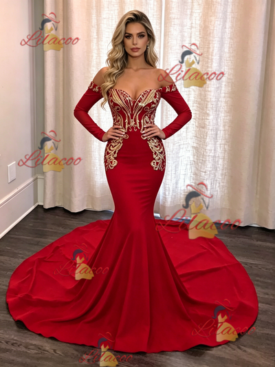 Red Off the Shoulder Long Sleeve Prom Dress