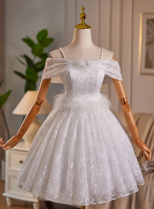 White Lace Spaghetti Straps Homecoming Dress