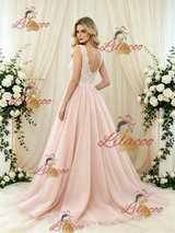Pink Tulle V-neck Appliques Wedding Dress