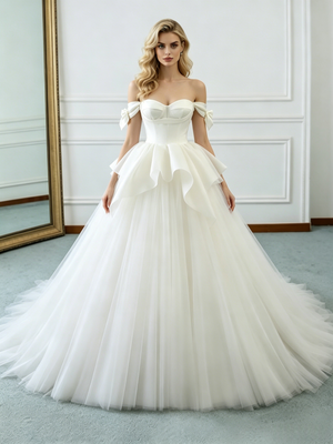 Beige White Tulle Off the Shoulder Wedding Dress