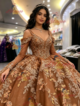 Brown Tulle Long Sleeve Appliques Quinceanera Dress
