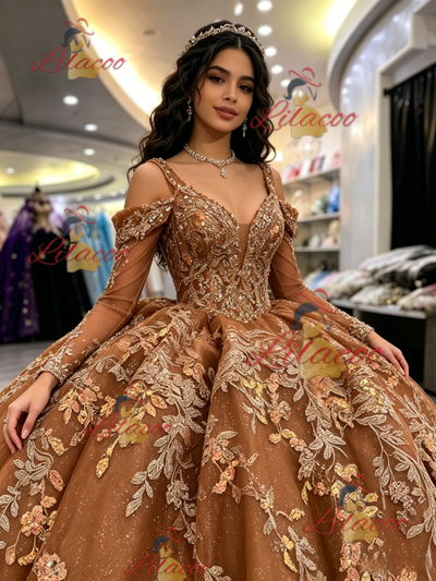Brown Tulle Long Sleeve Appliques Quinceanera Dress
