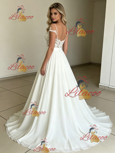 White Chiffon Lace Wedding Dress