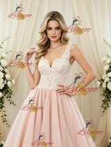 Pink Tulle V-neck Appliques Wedding Dress