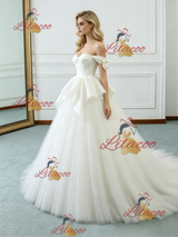 Beige White Tulle Off the Shoulder Wedding Dress