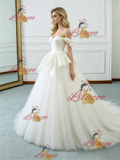 Beige White Tulle Off the Shoulder Wedding Dress