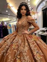 Brown Tulle Long Sleeve Appliques Quinceanera Dress