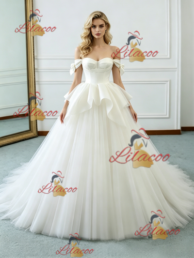 Beige White Tulle Off the Shoulder Wedding Dress