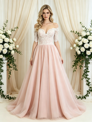 Pink Tulle Lace Short Sleeve Wedding Dress