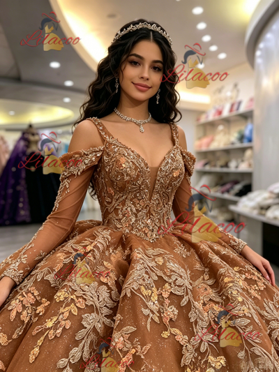 Brown Tulle Long Sleeve Appliques Quinceanera Dress