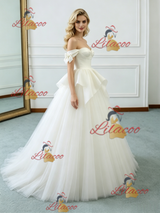 Beige White Tulle Off the Shoulder Wedding Dress
