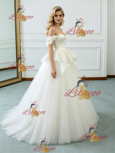Beige White Tulle Off the Shoulder Wedding Dress