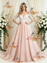 Pink Tulle Lace Short Sleeve Wedding Dress